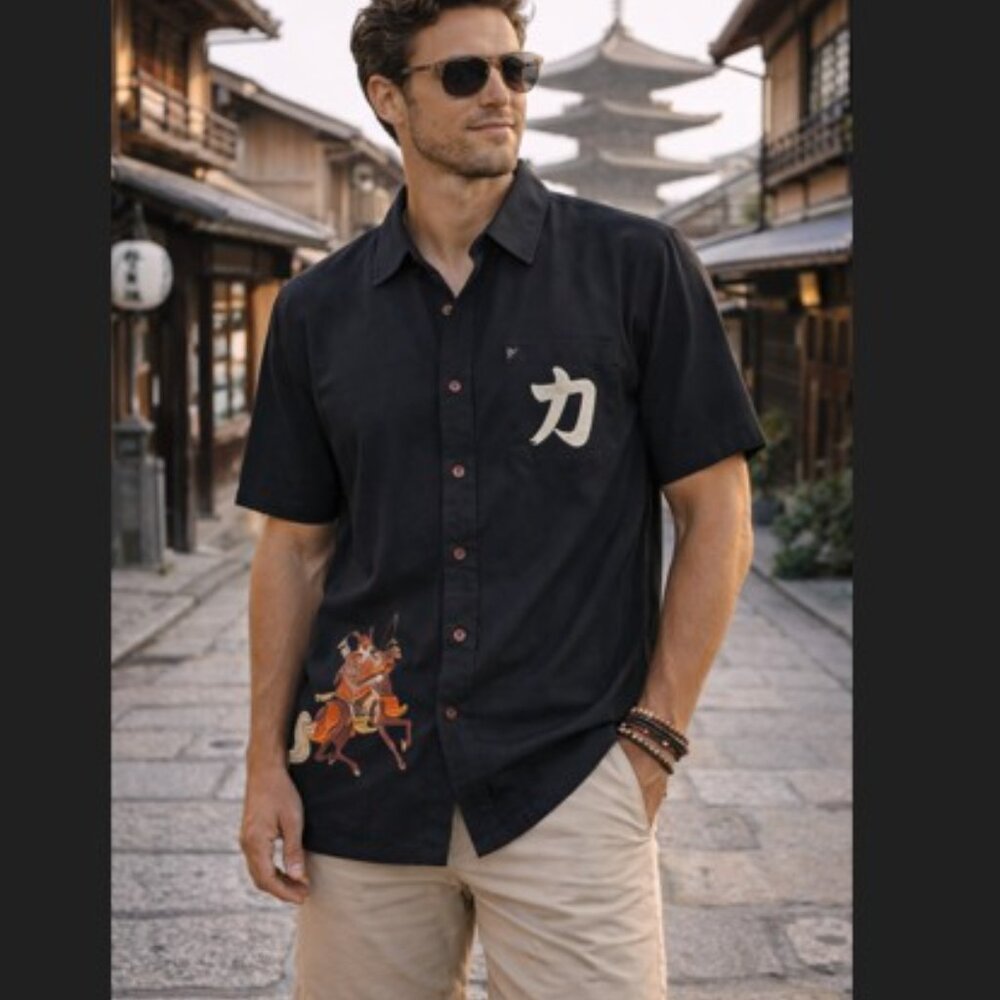 First Down Samurai Camp Shirt‎ L Retro Shogun Graphic Korea Streetwear Bold